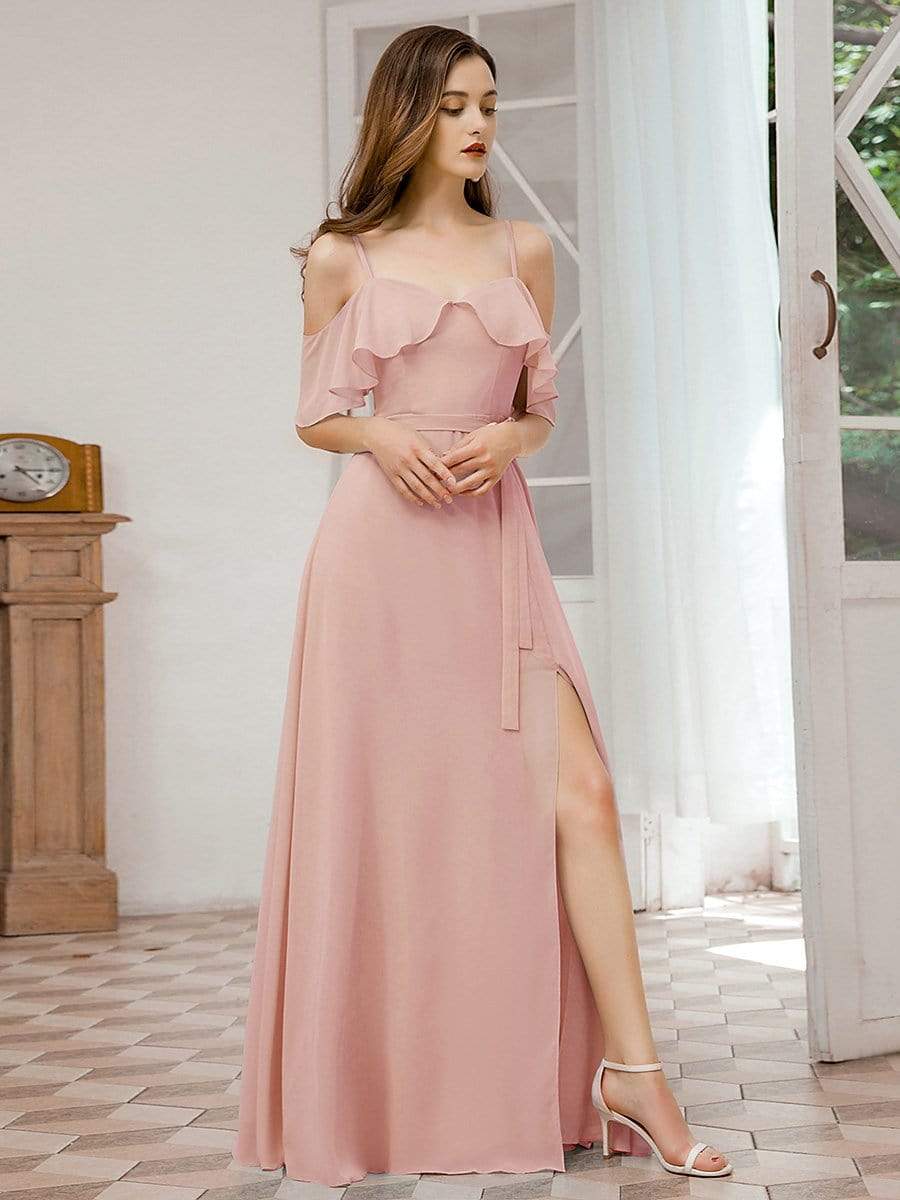 Color=Pink | Dainty Chiffon Bridesmaid Dresses With Ruffles Sleeves With Side Slit-Pink 4 Color=Pink | Dainty Chiffon Bridesmaid Dresses With Ruffles Sleeves With Side Slit-Pink 4