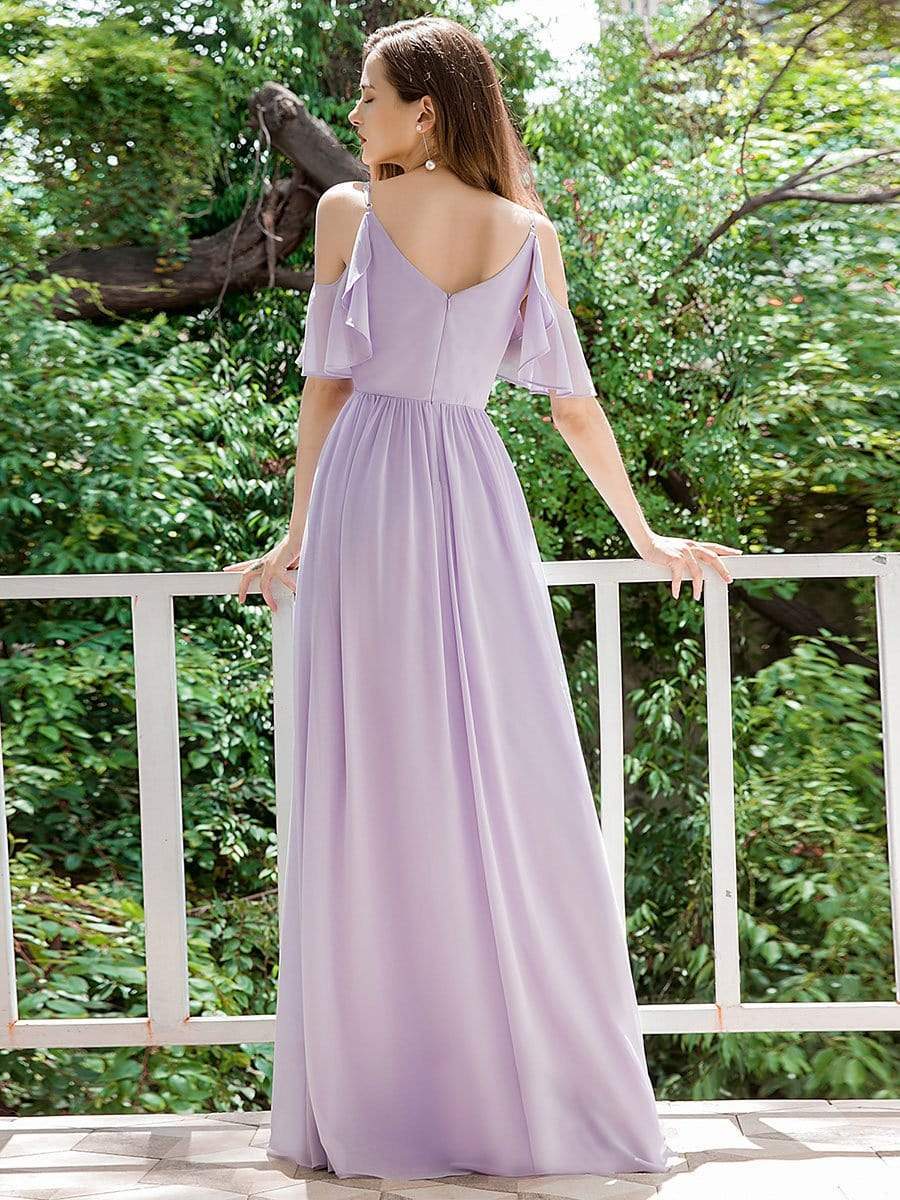 Color=Lavender | Elegant Chiffon V-Neck Bridesmaid Dresses With Ruffles Sleeves-Lavender 2 Color=Lavender | Elegant Chiffon V-Neck Bridesmaid Dresses With Ruffles Sleeves-Lavender 2