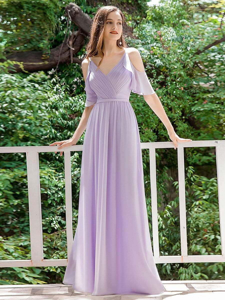 Color=Lavender | Elegant Chiffon V-Neck Bridesmaid Dresses With Ruffles Sleeves-Lavender 1 Color=Lavender | Elegant Chiffon V-Neck Bridesmaid Dresses With Ruffles Sleeves-Lavender 1