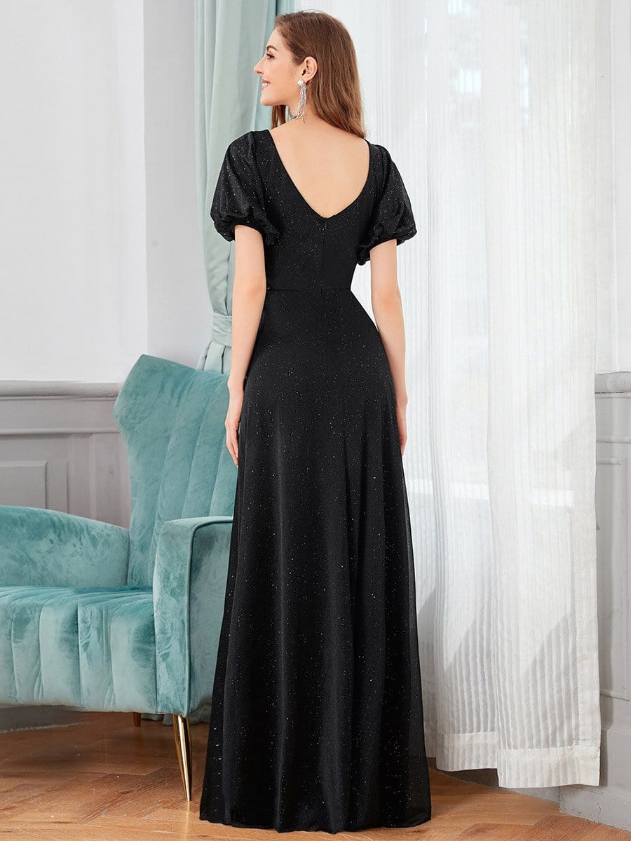 Color=Black | Flattering Double V-Neck Evening Dresses With Puff Sleeves-Black 2 Color=Black | Flattering Double V-Neck Evening Dresses With Puff Sleeves-Black 2
