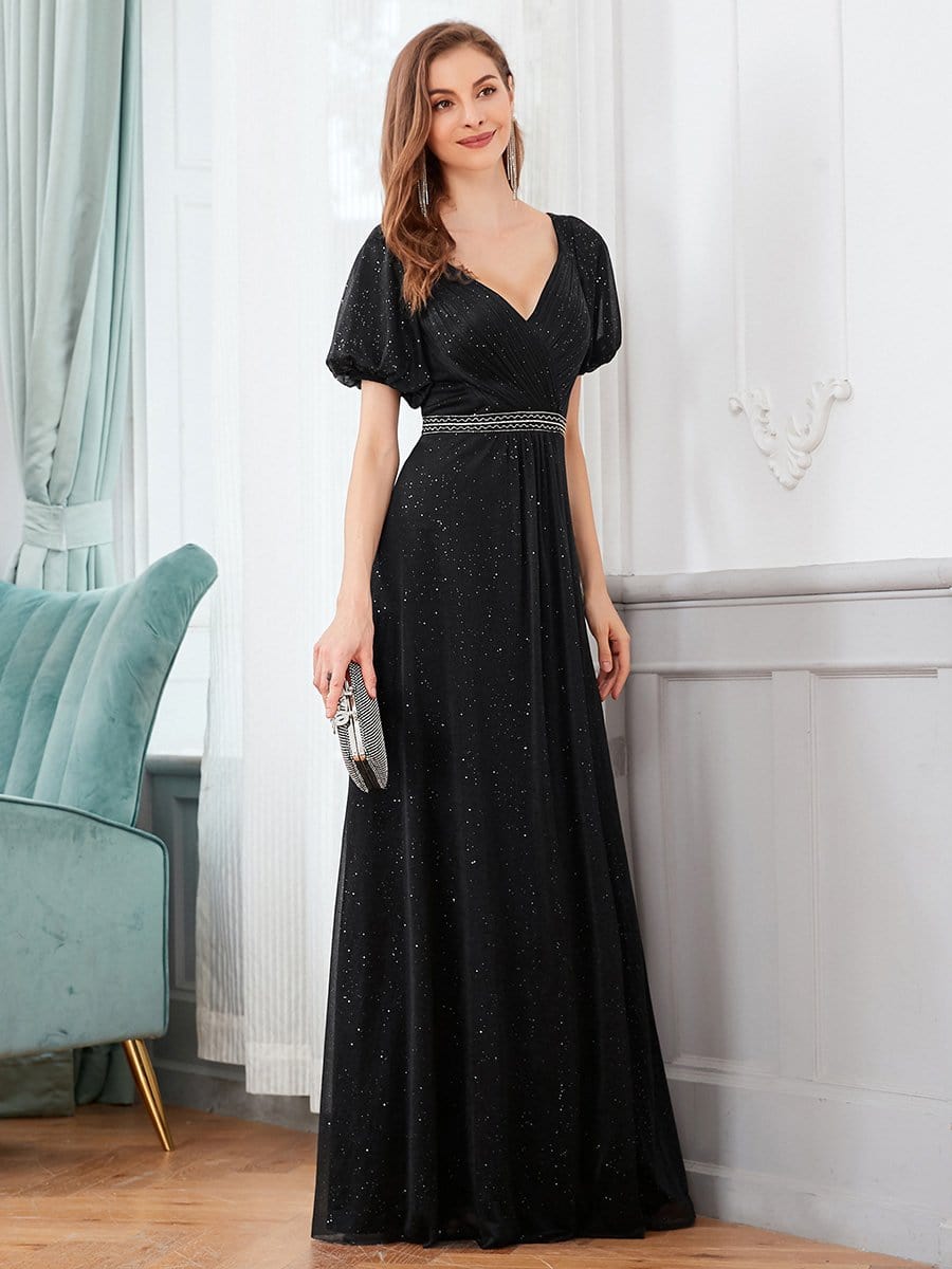 Color=Black | Flattering Double V-Neck Evening Dresses With Puff Sleeves-Black 3 Color=Black | Flattering Double V-Neck Evening Dresses With Puff Sleeves-Black 3
