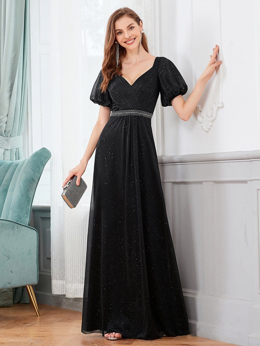 Color=Black | Flattering Double V-Neck Evening Dresses With Puff Sleeves-Black 4 Color=Black | Flattering Double V-Neck Evening Dresses With Puff Sleeves-Black 4