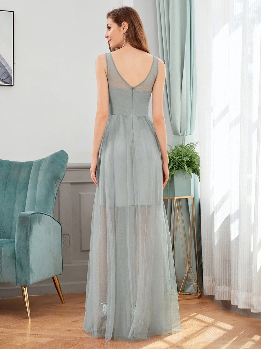 Color=Grey | Classy V-Neck Tulle See-Through Evening Dresses-Grey 2 Color=Grey | Classy V-Neck Tulle See-Through Evening Dresses-Grey 2
