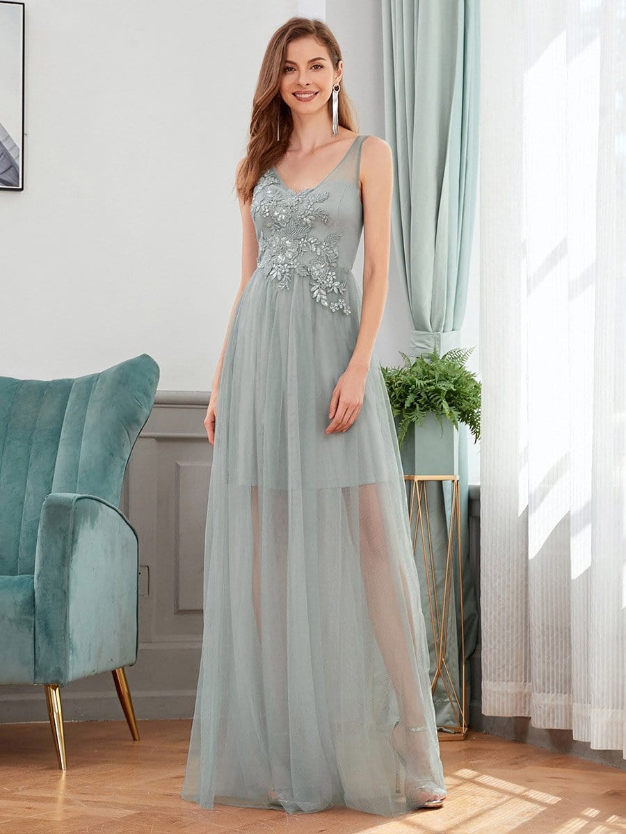Color=Grey | Classy V-Neck Tulle See-Through Evening Dresses-Grey 1 Color=Grey | Classy V-Neck Tulle See-Through Evening Dresses-Grey 1