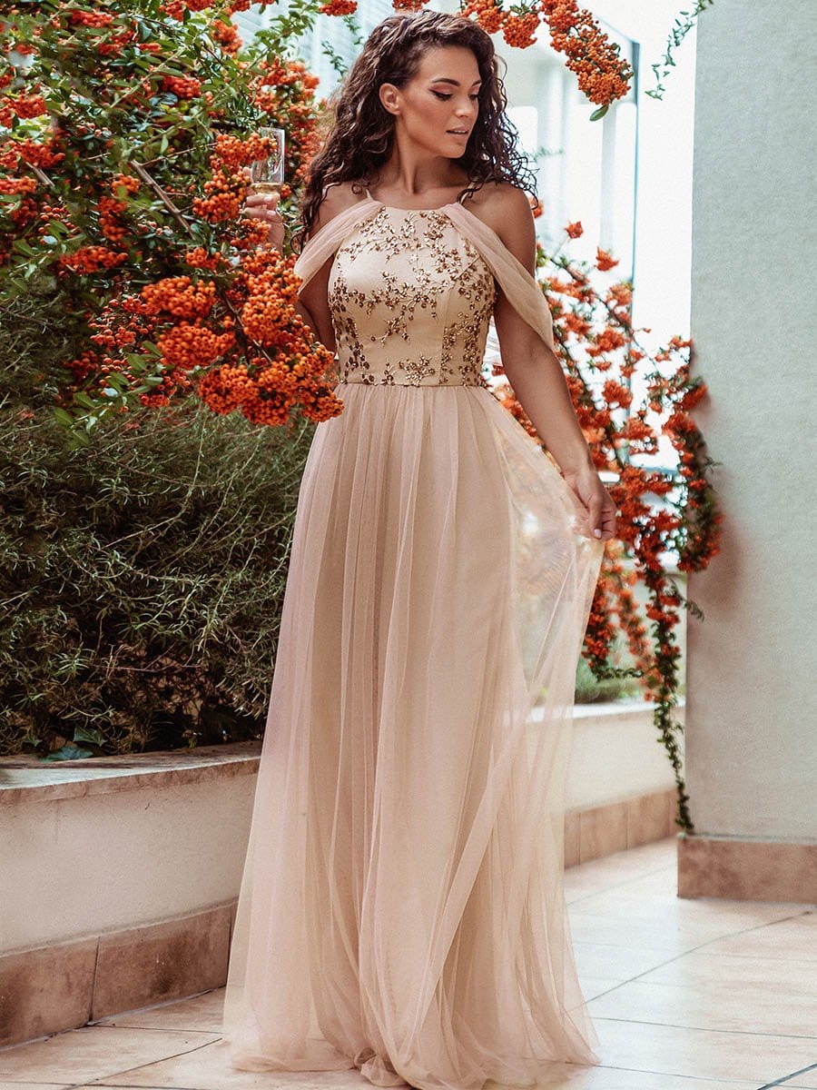 Color=Blush | Sexy Halter Neckline Tulle Bridesmaid Dresses With Paillette-Blush 1 Color=Blush | Sexy Halter Neckline Tulle Bridesmaid Dresses With Paillette-Blush 1