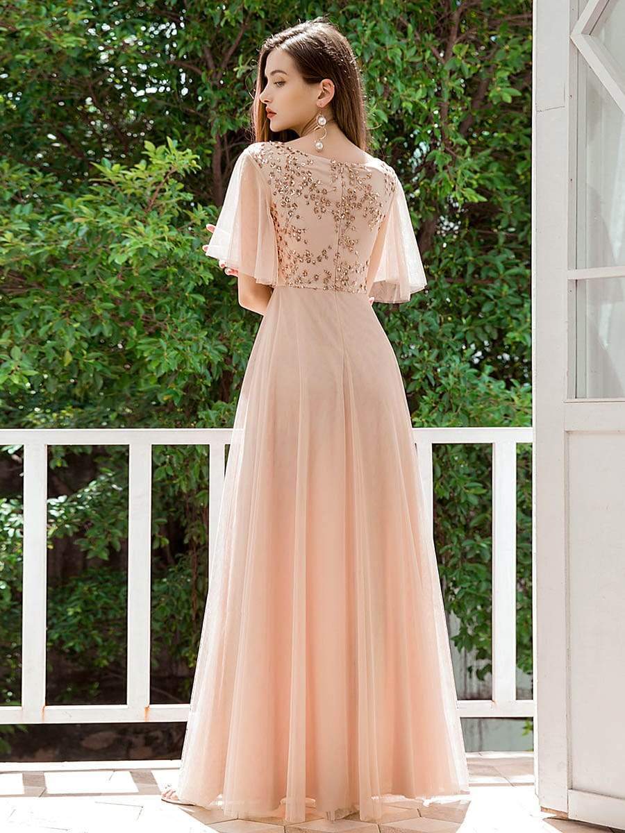 Color=Blush | Elegant Tulle Ruffle Sleeves Bridesmaid Dresses With Paillette-Blush 2 Color=Blush | Elegant Tulle Ruffle Sleeves Bridesmaid Dresses With Paillette-Blush 2