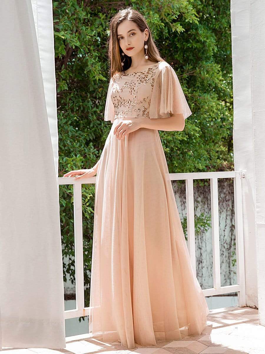 Color=Blush | Elegant Tulle Ruffle Sleeves Bridesmaid Dresses With Paillette-Blush 3 Color=Blush | Elegant Tulle Ruffle Sleeves Bridesmaid Dresses With Paillette-Blush 3