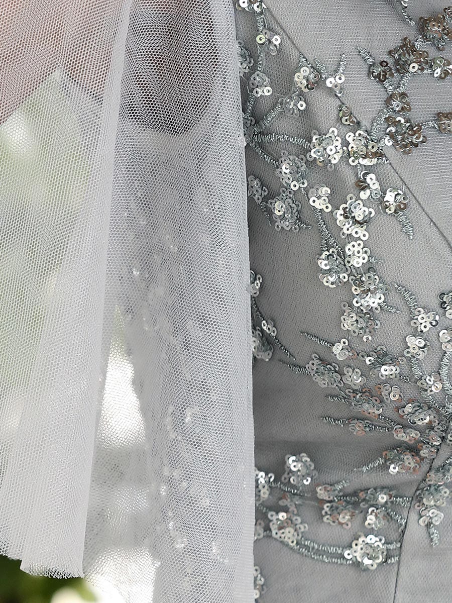 Color=Grey | Elegant Tulle Ruffle Sleeves Bridesmaid Dresses With Paillette-Grey 3 Color=Grey | Elegant Tulle Ruffle Sleeves Bridesmaid Dresses With Paillette-Grey 3