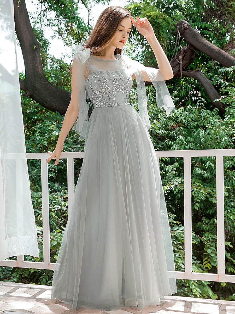 Color=Grey | Sweet Tulle Bridesmaid Dresses With Flowy Ribbons-Grey 4 Color=Grey | Sweet Tulle Bridesmaid Dresses With Flowy Ribbons-Grey 4