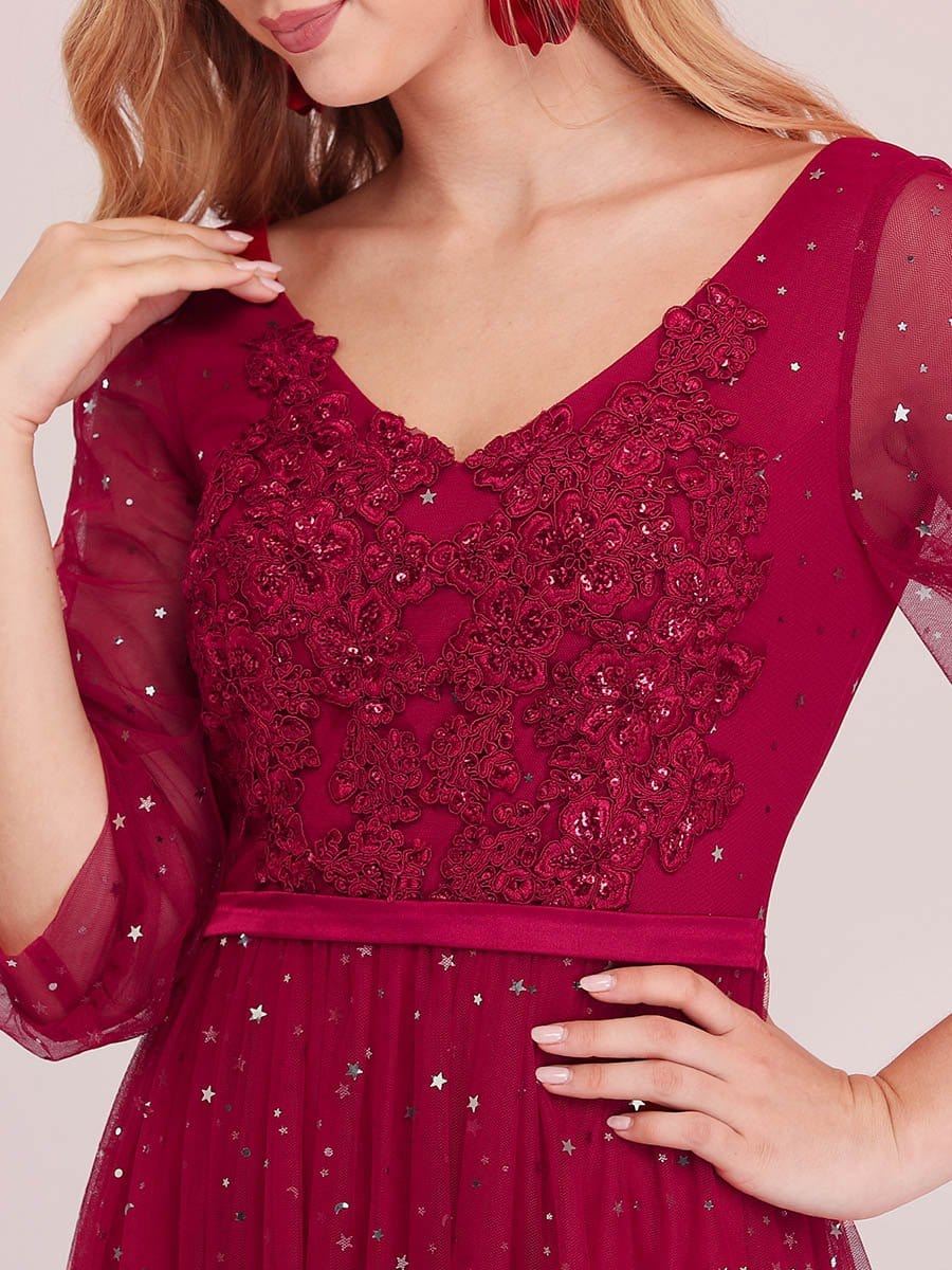 Color=Red | Elegant Maxi V Neck Tulle Evening Dress With Shiny Dot-Red 9 Color=Red | Elegant Maxi V Neck Tulle Evening Dress With Shiny Dot-Red 9