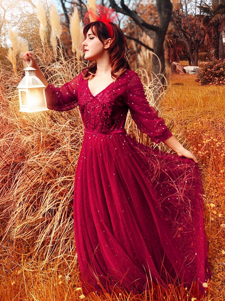 Color=Red | Elegant Maxi V Neck Tulle Evening Dress With Shiny Dot-Red 10 Color=Red | Elegant Maxi V Neck Tulle Evening Dress With Shiny Dot-Red 10