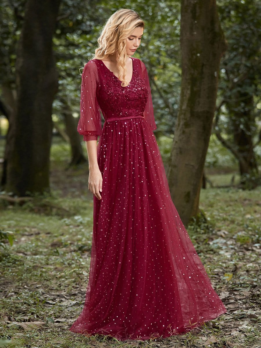 Color=Red | Elegant Maxi V Neck Tulle Evening Dress With Shiny Dot-Red 3 Color=Red | Elegant Maxi V Neck Tulle Evening Dress With Shiny Dot-Red 3