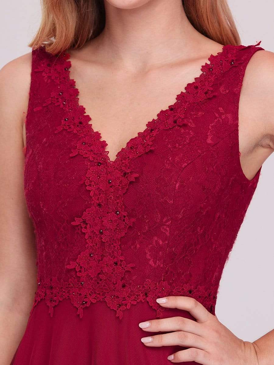 Color=Burgundy | Women'S Stunning V Neck Tulle & Lace Evening Dress For Engagement-Burgundy 3 Color=Burgundy | Women'S Stunning V Neck Tulle & Lace Evening Dress For Engagement-Burgundy 3