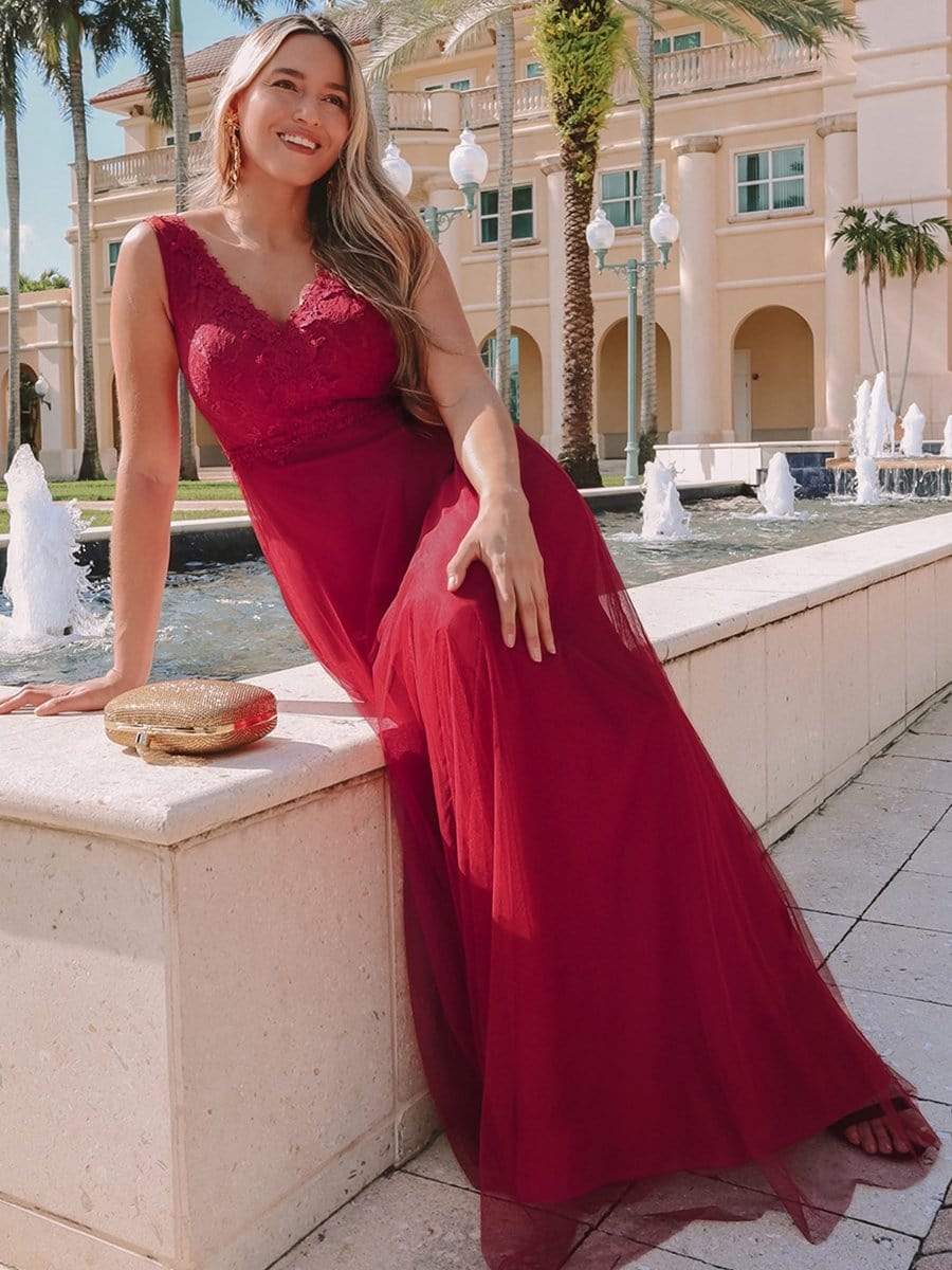 Color=Burgundy | Women'S Stunning V Neck Tulle & Lace Evening Dress For Engagement-Burgundy 6 Color=Burgundy | Women'S Stunning V Neck Tulle & Lace Evening Dress For Engagement-Burgundy 6