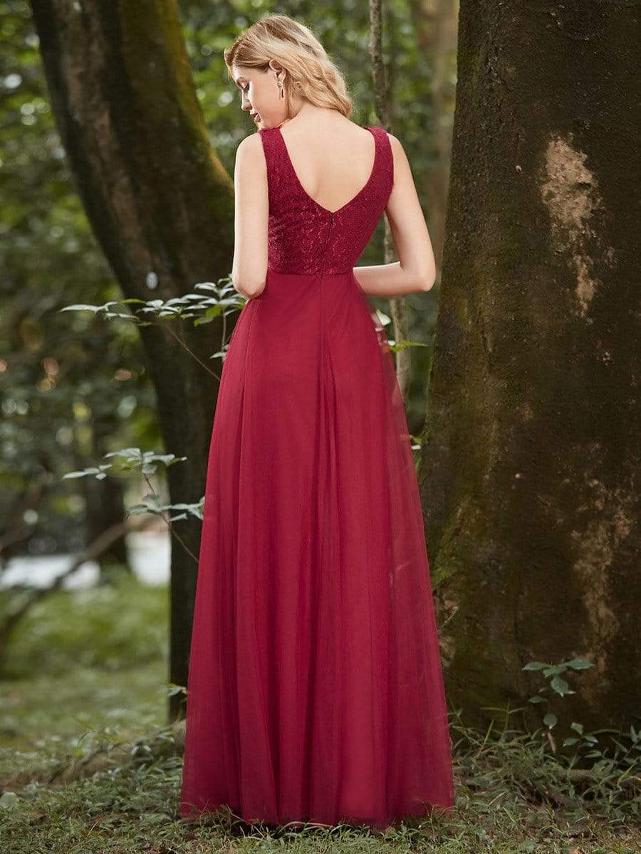 Color=Burgundy | Women'S Stunning V Neck Tulle & Lace Evening Dress For Engagement-Burgundy 5 Color=Burgundy | Women'S Stunning V Neck Tulle & Lace Evening Dress For Engagement-Burgundy 5