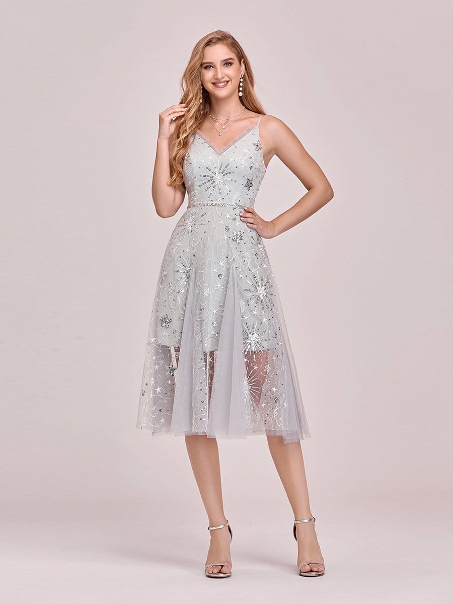 Color=Grey | Women'S Glattering V Neck Mini Cocktail Dress With Star Sequins-Grey 1 Color=Grey | Women'S Glattering V Neck Mini Cocktail Dress With Star Sequins-Grey 1