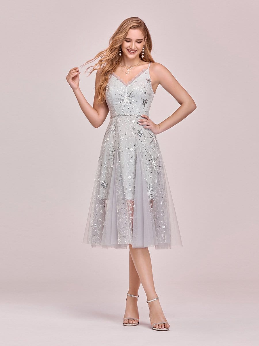 Color=Grey | Women'S Glattering V Neck Mini Cocktail Dress With Star Sequins-Grey 4 Color=Grey | Women'S Glattering V Neck Mini Cocktail Dress With Star Sequins-Grey 4