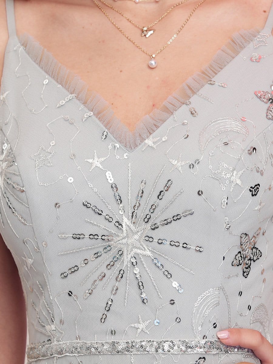 Color=Grey | Women'S Glattering V Neck Mini Cocktail Dress With Star Sequins-Grey 5 Color=Grey | Women'S Glattering V Neck Mini Cocktail Dress With Star Sequins-Grey 5