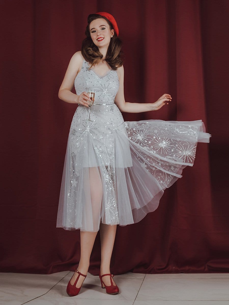 Color=Grey | Women'S Glattering V Neck Mini Cocktail Dress With Star Sequins-Grey 6 Color=Grey | Women'S Glattering V Neck Mini Cocktail Dress With Star Sequins-Grey 6