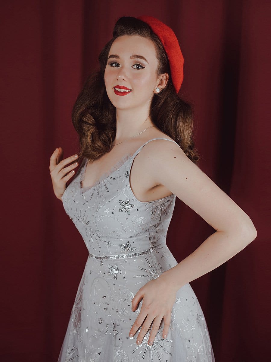 Color=Grey | Women'S Glattering V Neck Mini Cocktail Dress With Star Sequins-Grey 7 Color=Grey | Women'S Glattering V Neck Mini Cocktail Dress With Star Sequins-Grey 7