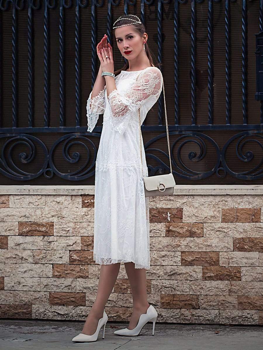 Color=Cream | Women'S Simple Knee-Length Lace Causl Dress With 3/4 Sleeves-Cream 6