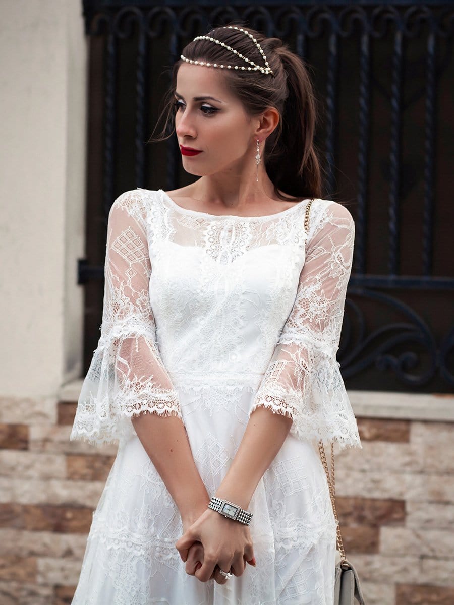 Color=Cream | Women'S Simple Knee-Length Lace Causl Dress With 3/4 Sleeves-Cream 8 Color=Cream | Women'S Simple Knee-Length Lace Causl Dress With 3/4 Sleeves-Cream 8