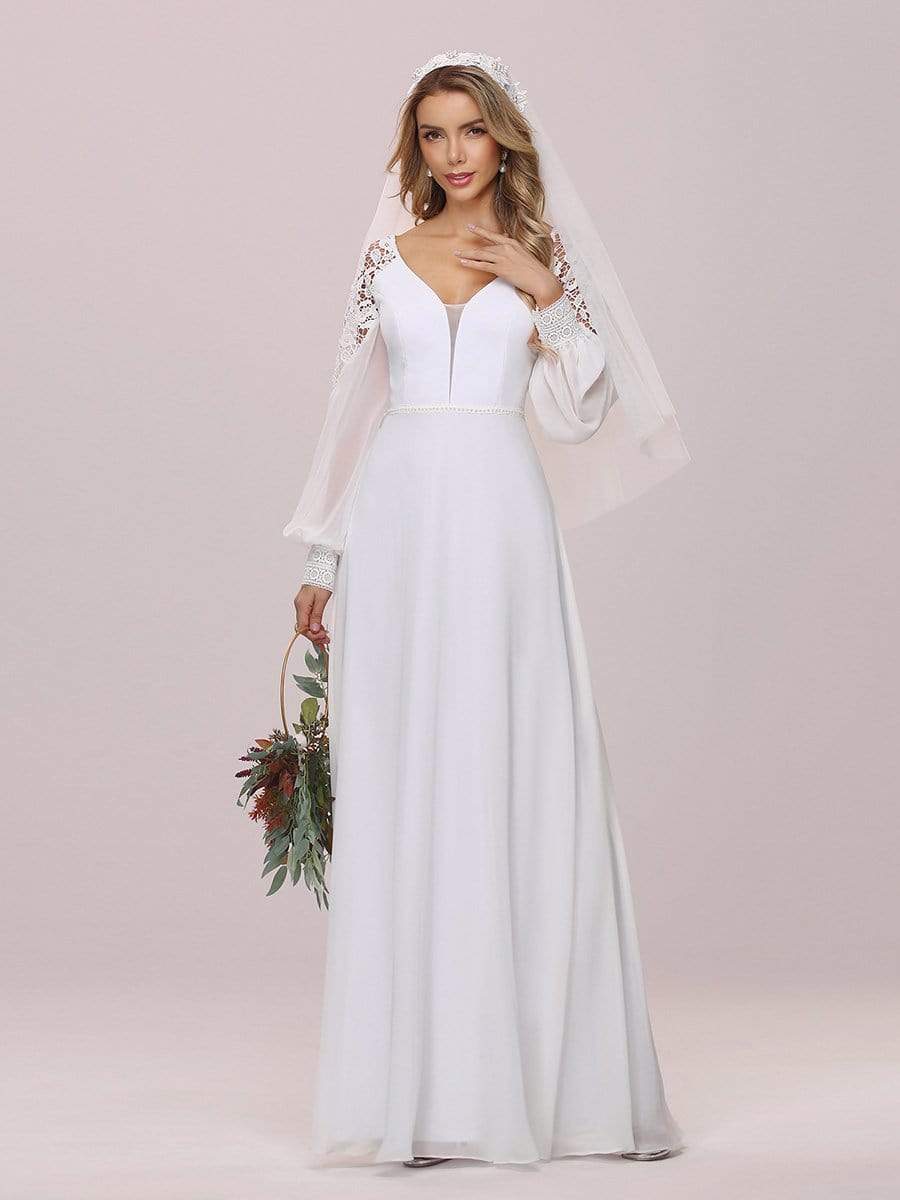 Color=White | Elegant Simple Chiffon Wedding Dress With Long Puff Sleeves-White 6 Color=White | Elegant Simple Chiffon Wedding Dress With Long Puff Sleeves-White 6