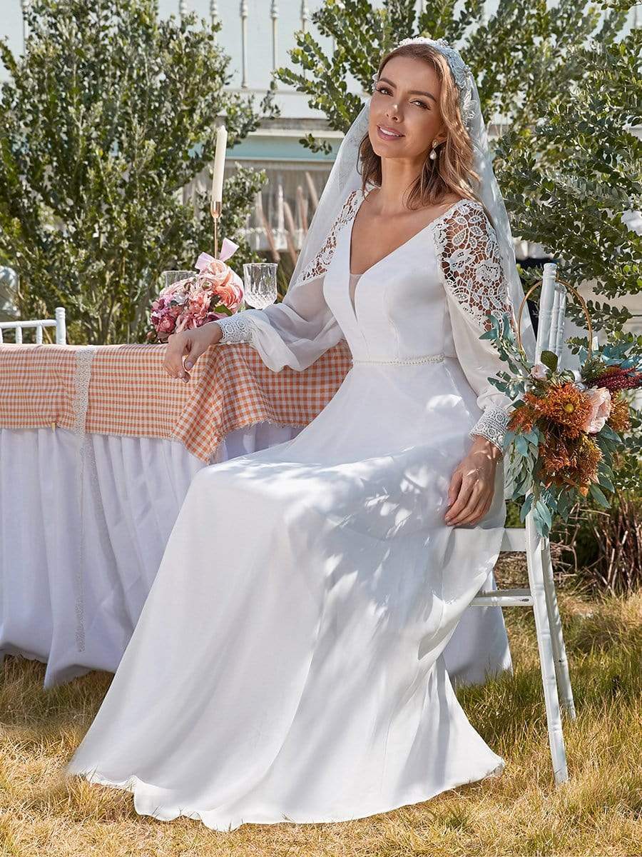 Color=White | Elegant Simple Chiffon Wedding Dress With Long Puff Sleeves-White 4 Color=White | Elegant Simple Chiffon Wedding Dress With Long Puff Sleeves-White 4