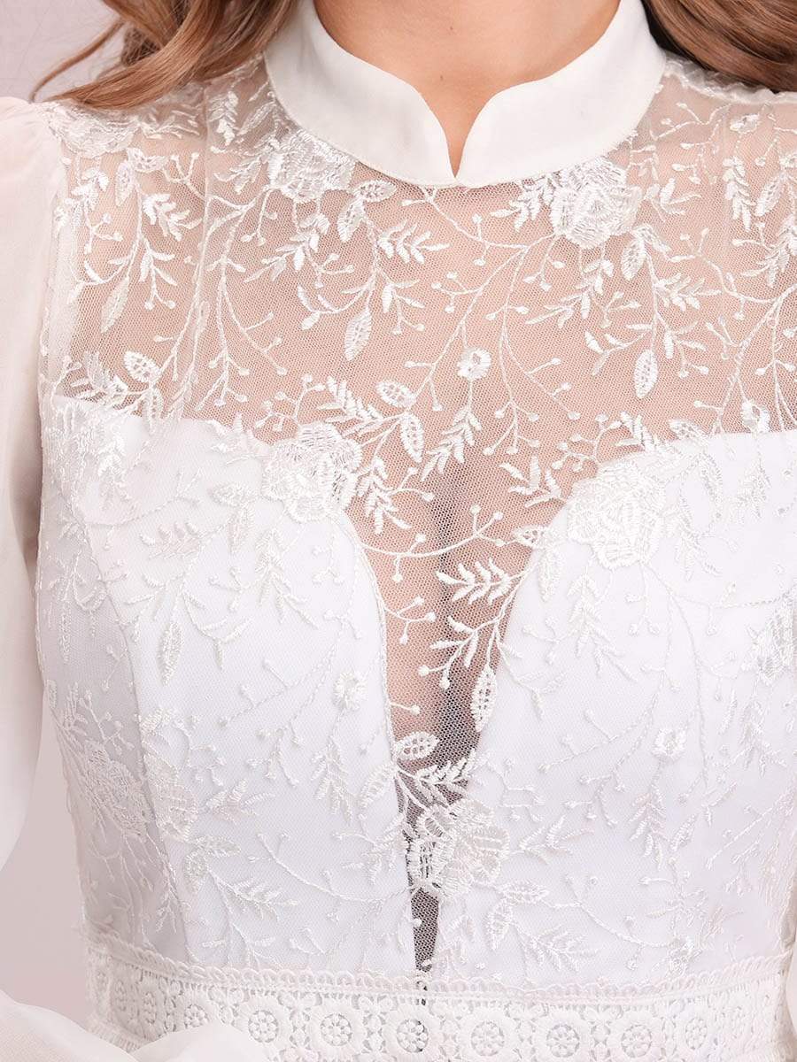 Color=White | Simple Chiffon Wedding Dress With Chinese Style Collar-White 7 Color=White | Simple Chiffon Wedding Dress With Chinese Style Collar-White 7