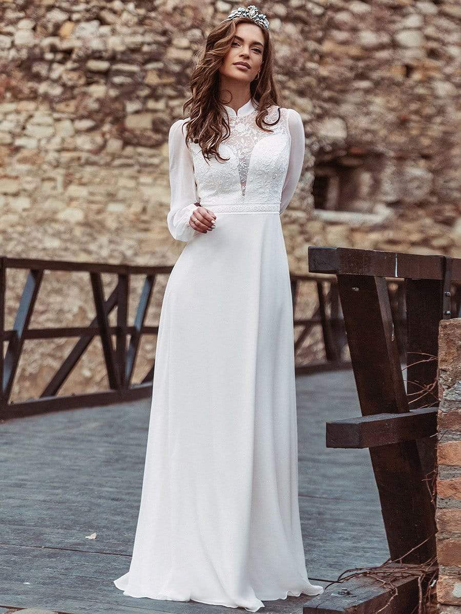 Color=White | Simple Chiffon Wedding Dress With Chinese Style Collar-White 8 Color=White | Simple Chiffon Wedding Dress With Chinese Style Collar-White 8
