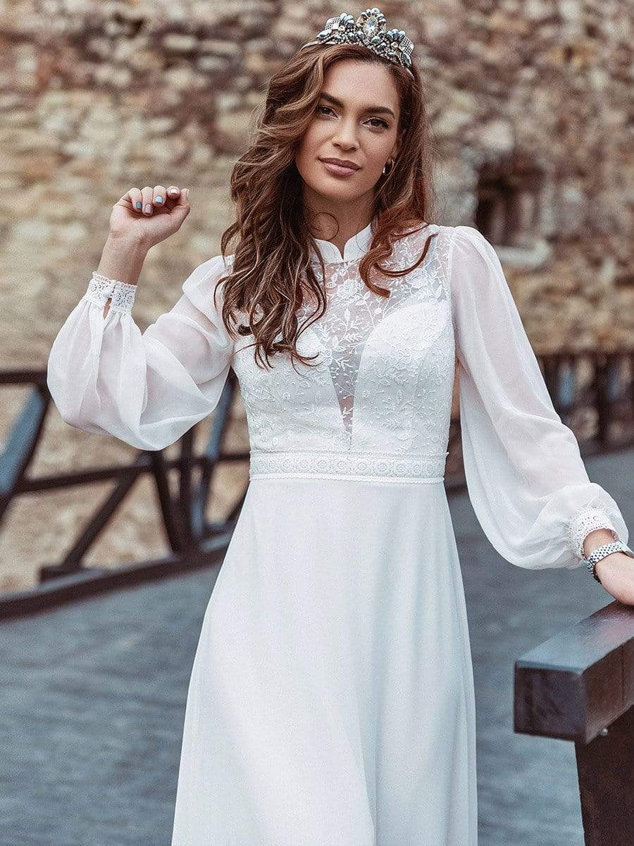 Color=White | Simple Chiffon Wedding Dress With Chinese Style Collar-White 9 Color=White | Simple Chiffon Wedding Dress With Chinese Style Collar-White 9