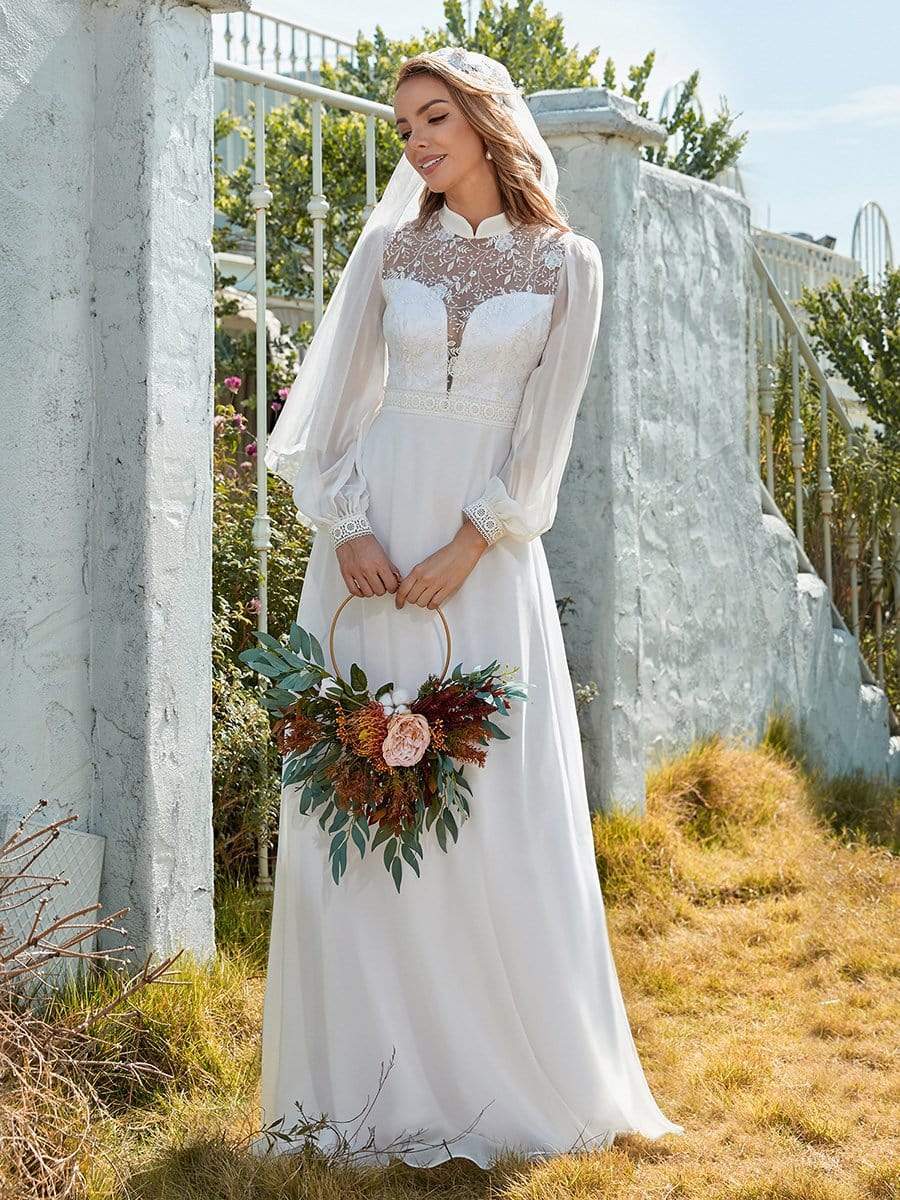Color=White | Simple Chiffon Wedding Dress With Chinese Style Collar-White 3 Color=White | Simple Chiffon Wedding Dress With Chinese Style Collar-White 3