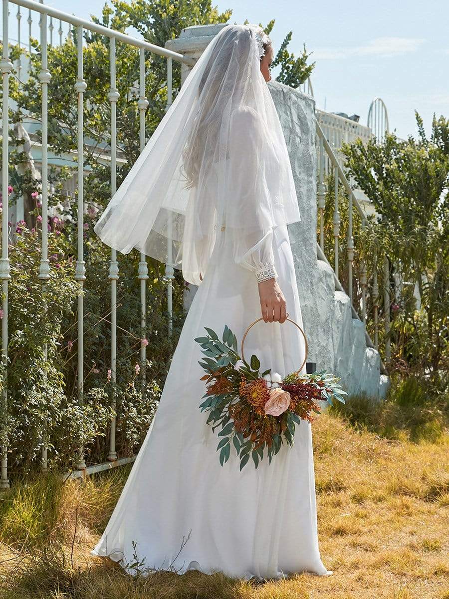 Color=White | Simple Chiffon Wedding Dress With Chinese Style Collar-White 4 Color=White | Simple Chiffon Wedding Dress With Chinese Style Collar-White 4