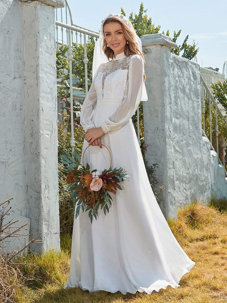 Color=White | Simple Chiffon Wedding Dress With Chinese Style Collar-White 1 Color=White | Simple Chiffon Wedding Dress With Chinese Style Collar-White 1