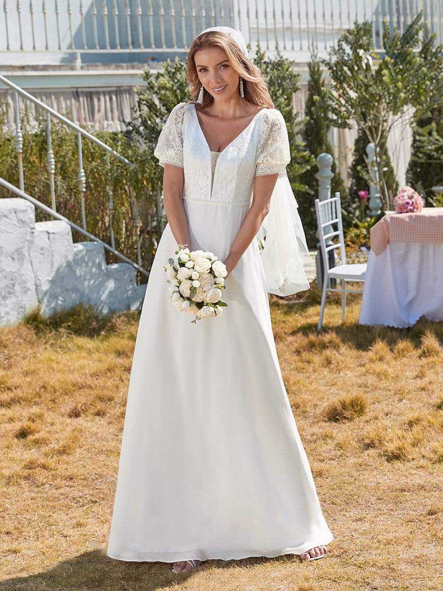 Color=White | Plain Lace & Chiffon Wedding Dress With Puff Sleeves-White 1 Color=White | Plain Lace & Chiffon Wedding Dress With Puff Sleeves-White 1