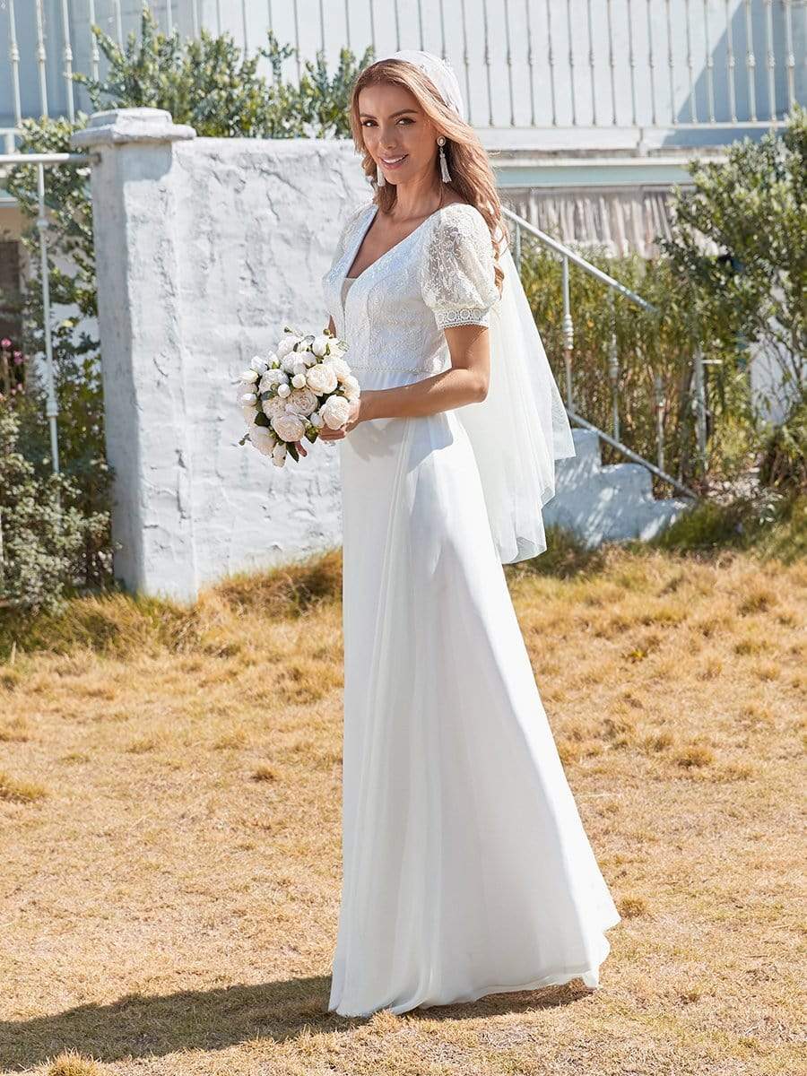 Color=White | Plain Lace & Chiffon Wedding Dress With Puff Sleeves-White 4 Color=White | Plain Lace & Chiffon Wedding Dress With Puff Sleeves-White 4
