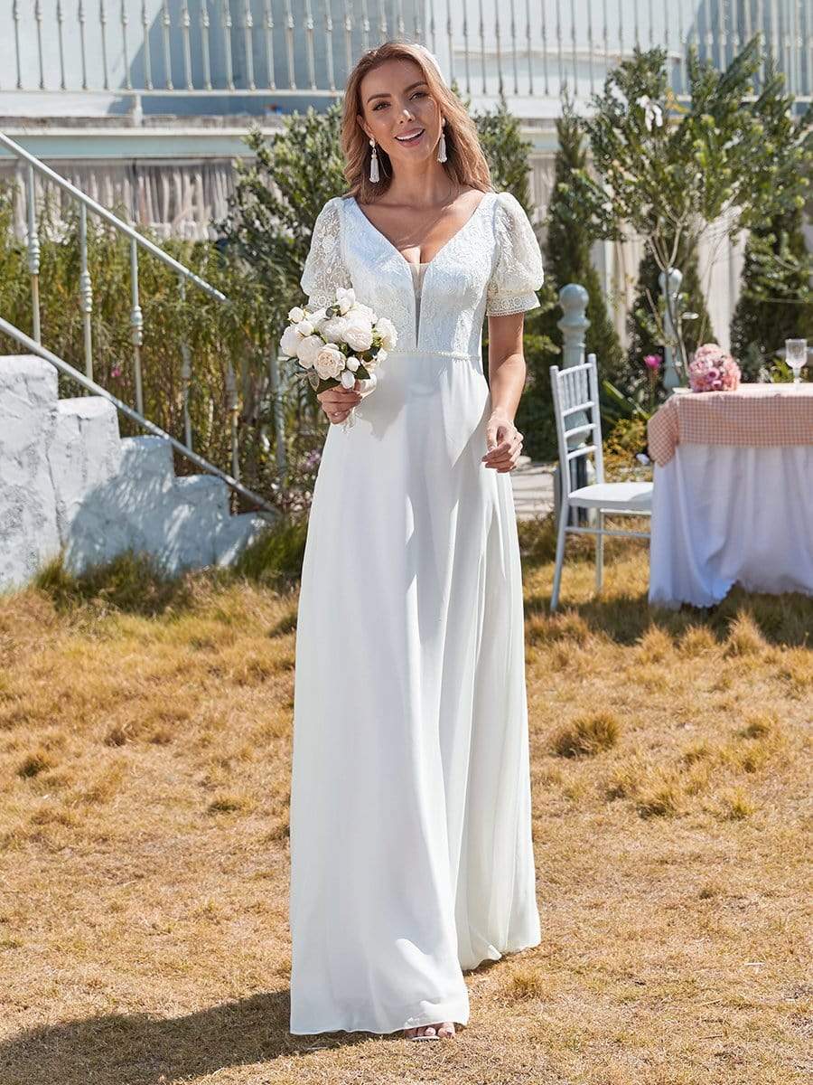 Color=White | Plain Lace & Chiffon Wedding Dress With Puff Sleeves-White 5 Color=White | Plain Lace & Chiffon Wedding Dress With Puff Sleeves-White 5