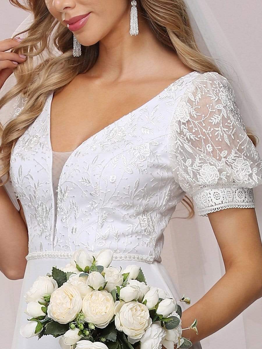 Color=White | Plain Lace & Chiffon Wedding Dress With Puff Sleeves-White 6 Color=White | Plain Lace & Chiffon Wedding Dress With Puff Sleeves-White 6