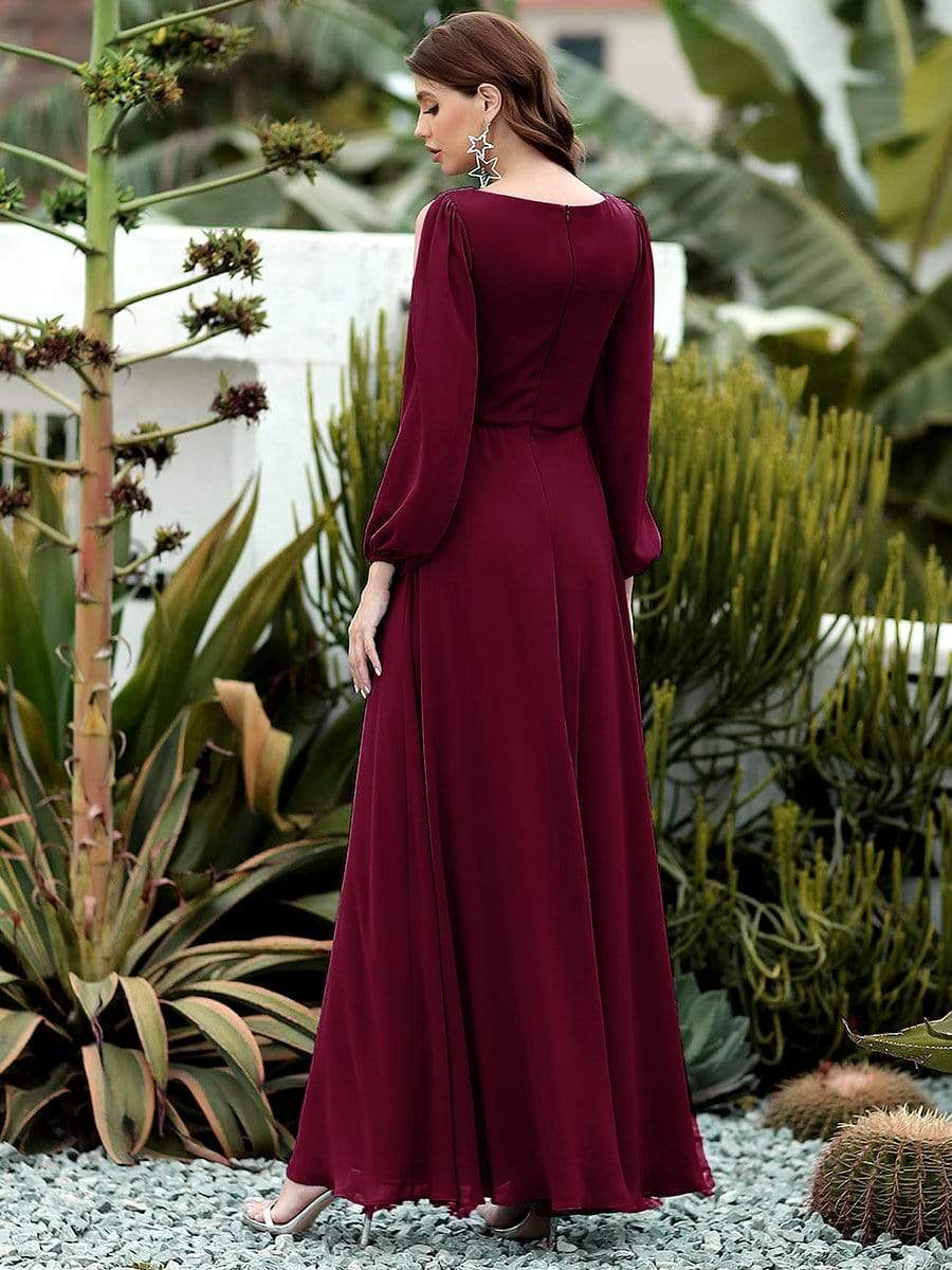 Elegant Chiffon V-Neckline Long Sleeve Formal Evening Dress #color_Burgundy Elegant Chiffon V-Neckline Long Sleeve Formal Evening Dress #color_Burgundy