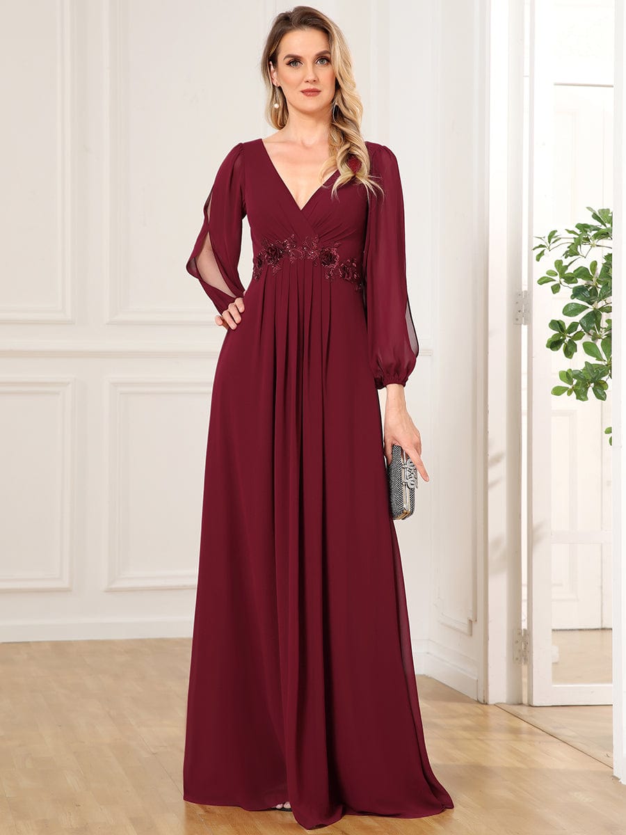 Elegant Chiffon V-Neckline Long Sleeve Formal Evening Dress #color_Burgundy Elegant Chiffon V-Neckline Long Sleeve Formal Evening Dress #color_Burgundy