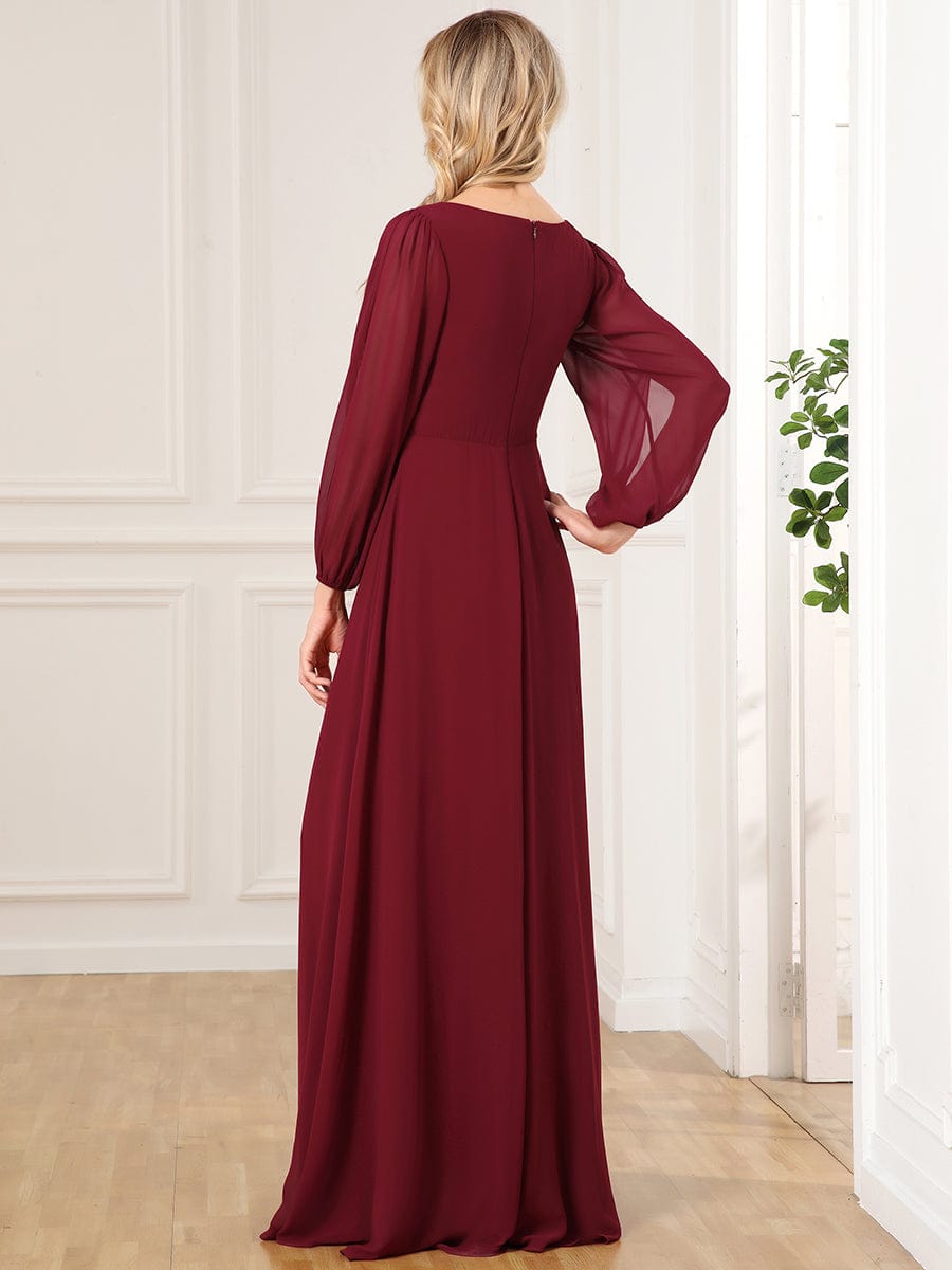 Elegant Chiffon V-Neckline Long Sleeve Formal Evening Dress #color_Burgundy Elegant Chiffon V-Neckline Long Sleeve Formal Evening Dress #color_Burgundy