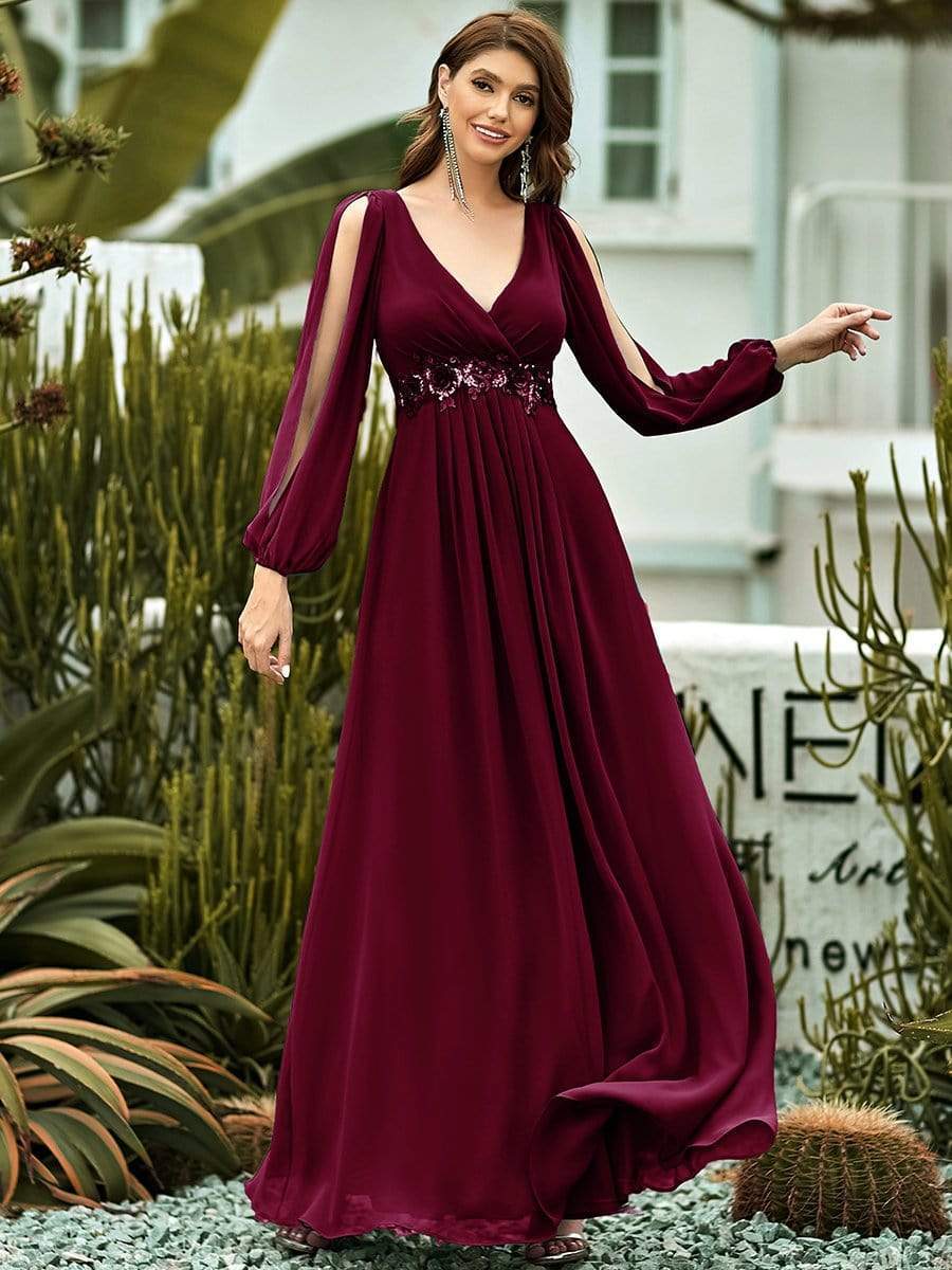 Elegant Chiffon V-Neckline Long Sleeve Formal Evening Dress #color_Burgundy Elegant Chiffon V-Neckline Long Sleeve Formal Evening Dress #color_Burgundy