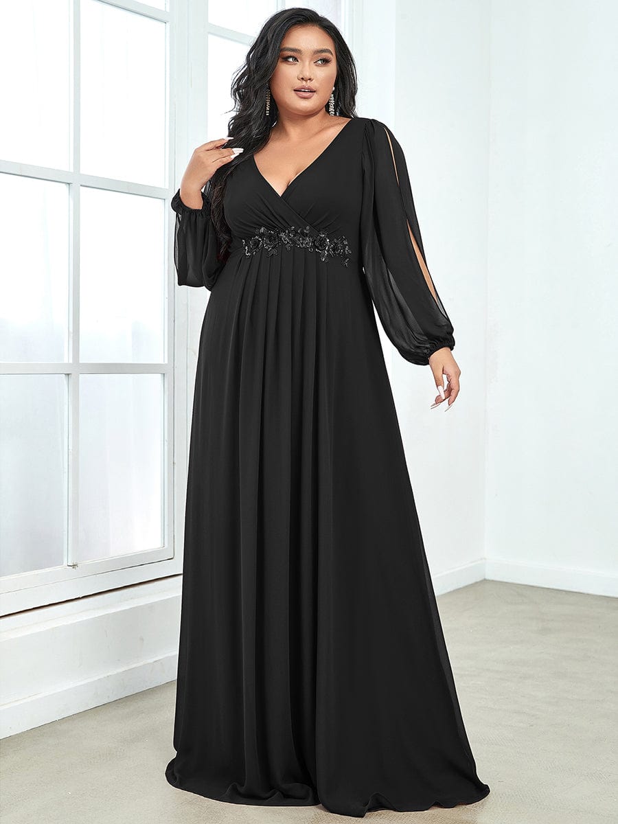Elegant Chiffon V-Neckline Long Sleeve Formal Evening Dress #color_Black Elegant Chiffon V-Neckline Long Sleeve Formal Evening Dress #color_Black