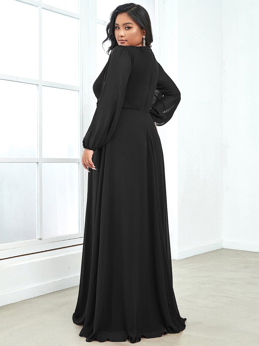 Elegant Chiffon V-Neckline Long Sleeve Formal Evening Dress #color_Black Elegant Chiffon V-Neckline Long Sleeve Formal Evening Dress #color_Black