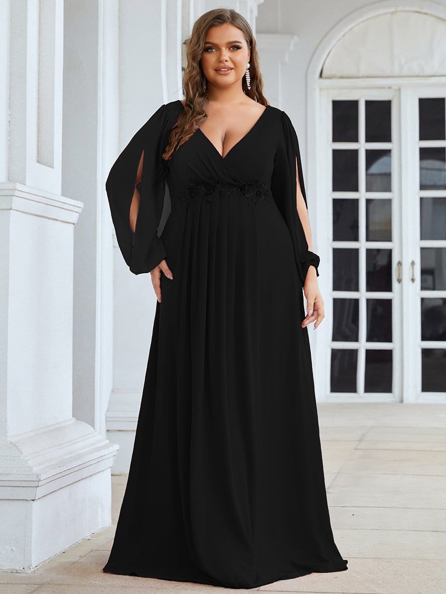 Elegant Chiffon V-Neckline Long Sleeve Formal Evening Dress #color_Black Elegant Chiffon V-Neckline Long Sleeve Formal Evening Dress #color_Black