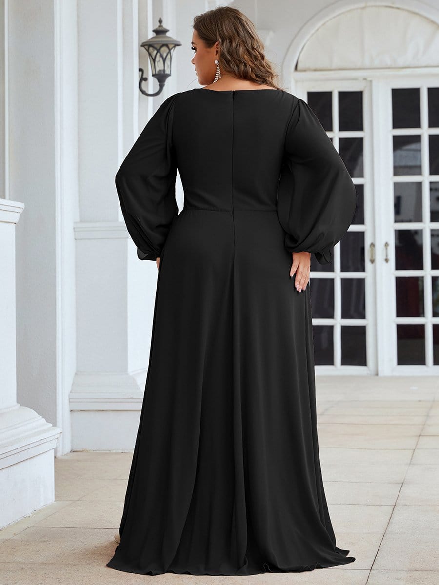 Elegant Chiffon V-Neckline Long Sleeve Formal Evening Dress #color_Black Elegant Chiffon V-Neckline Long Sleeve Formal Evening Dress #color_Black
