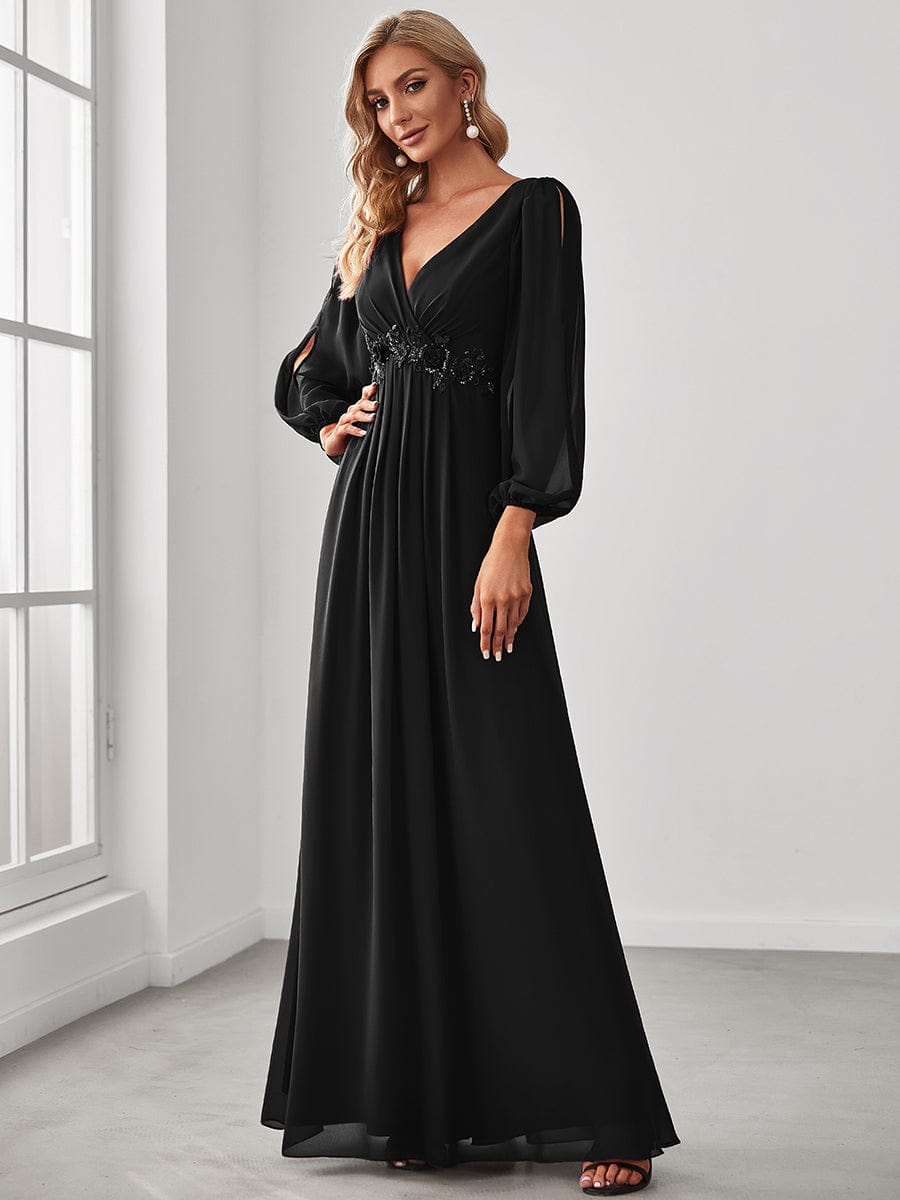 Elegant Chiffon V-Neckline Long Sleeve Formal Evening Dress #color_Black Elegant Chiffon V-Neckline Long Sleeve Formal Evening Dress #color_Black