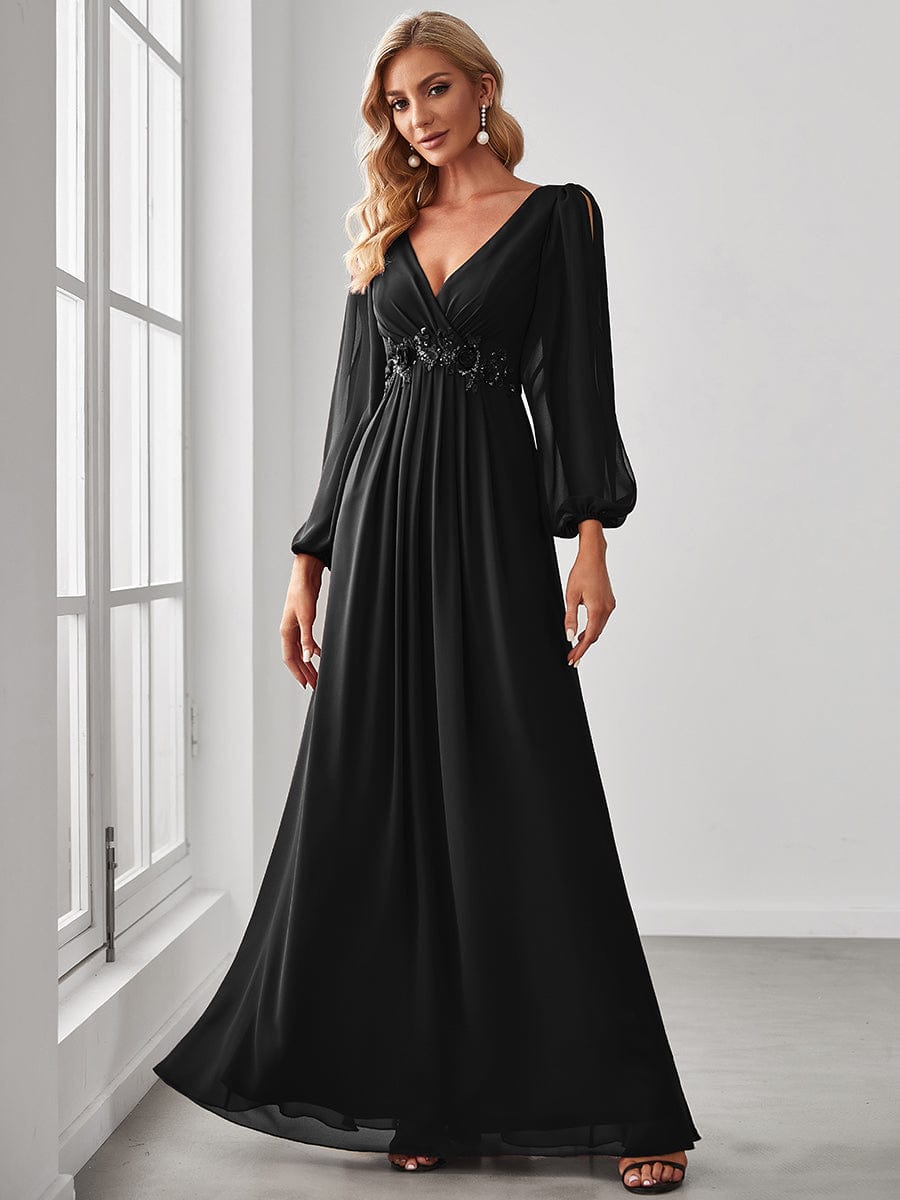 Elegant Chiffon V-Neckline Long Sleeve Formal Evening Dress #color_Black Elegant Chiffon V-Neckline Long Sleeve Formal Evening Dress #color_Black