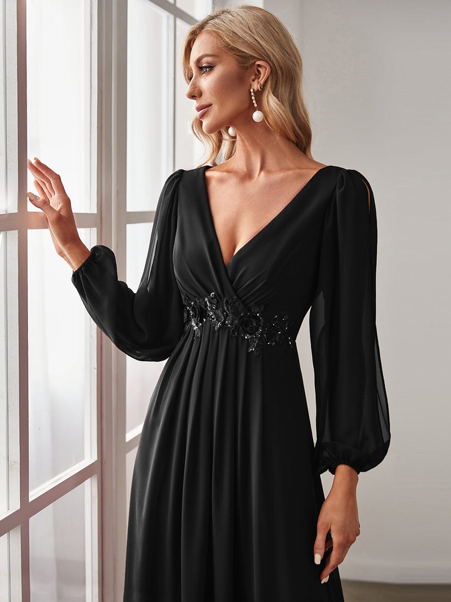 Elegant Chiffon V-Neckline Long Sleeve Formal Evening Dress #color_Black Elegant Chiffon V-Neckline Long Sleeve Formal Evening Dress #color_Black