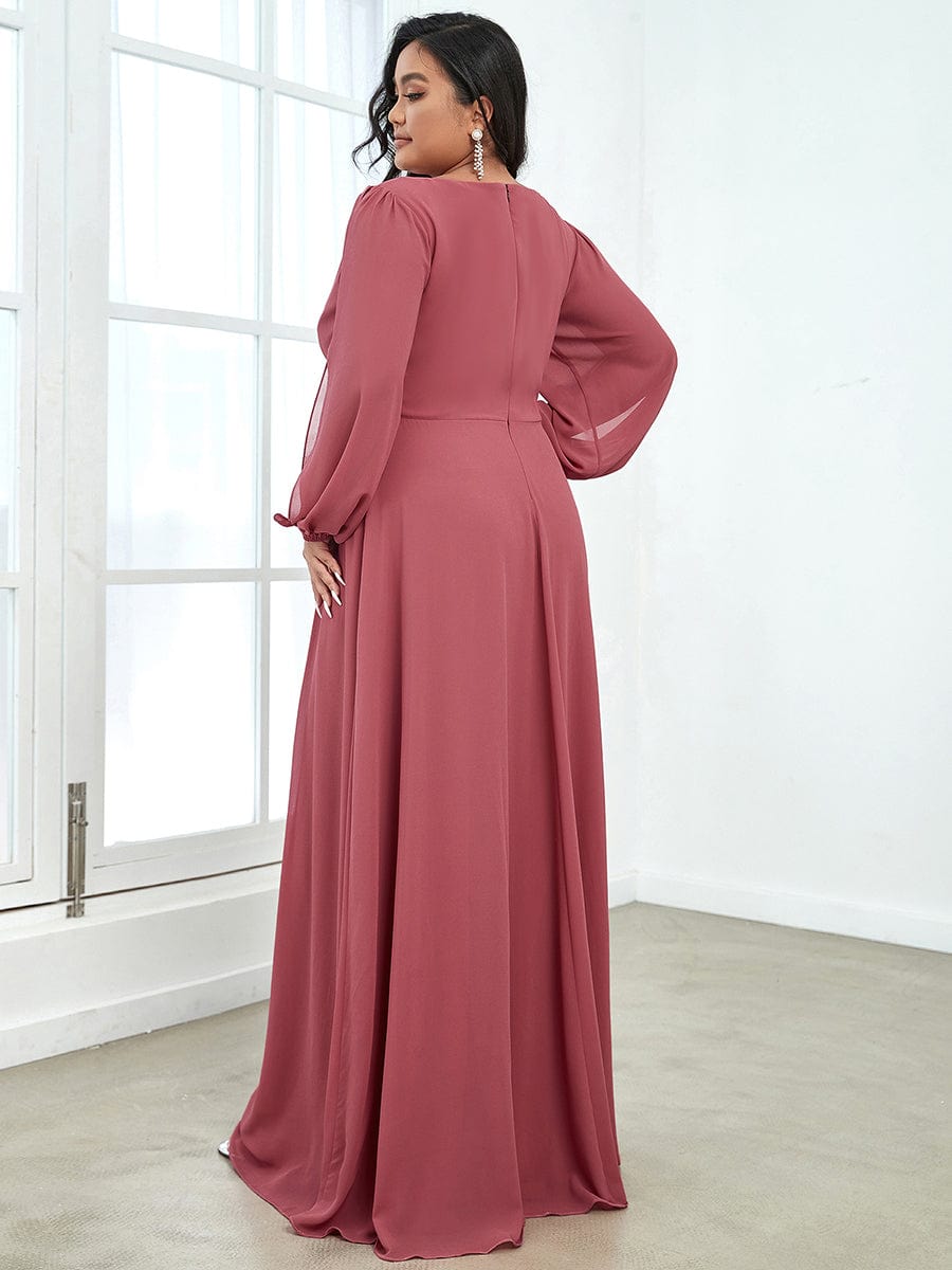 Waist Sequin Applique Chiffon Hollow Long Sleeve Evening Dress #color_Cameo Brown Waist Sequin Applique Chiffon Hollow Long Sleeve Evening Dress #color_Cameo Brown